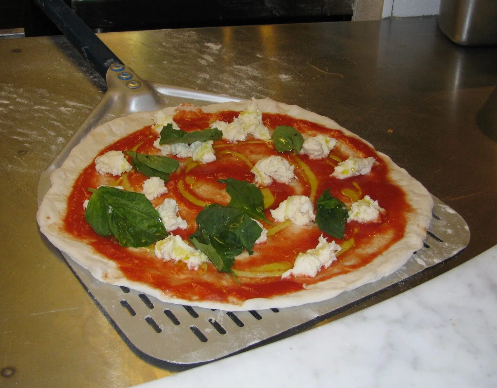 Pizza margherita cruda appena condita con pomodoro, ciuffi di mozzarella, foglie di basilico e un filo d'olio, appoggiata su una pala metallica forata sul bancone d'acciaio infarinato